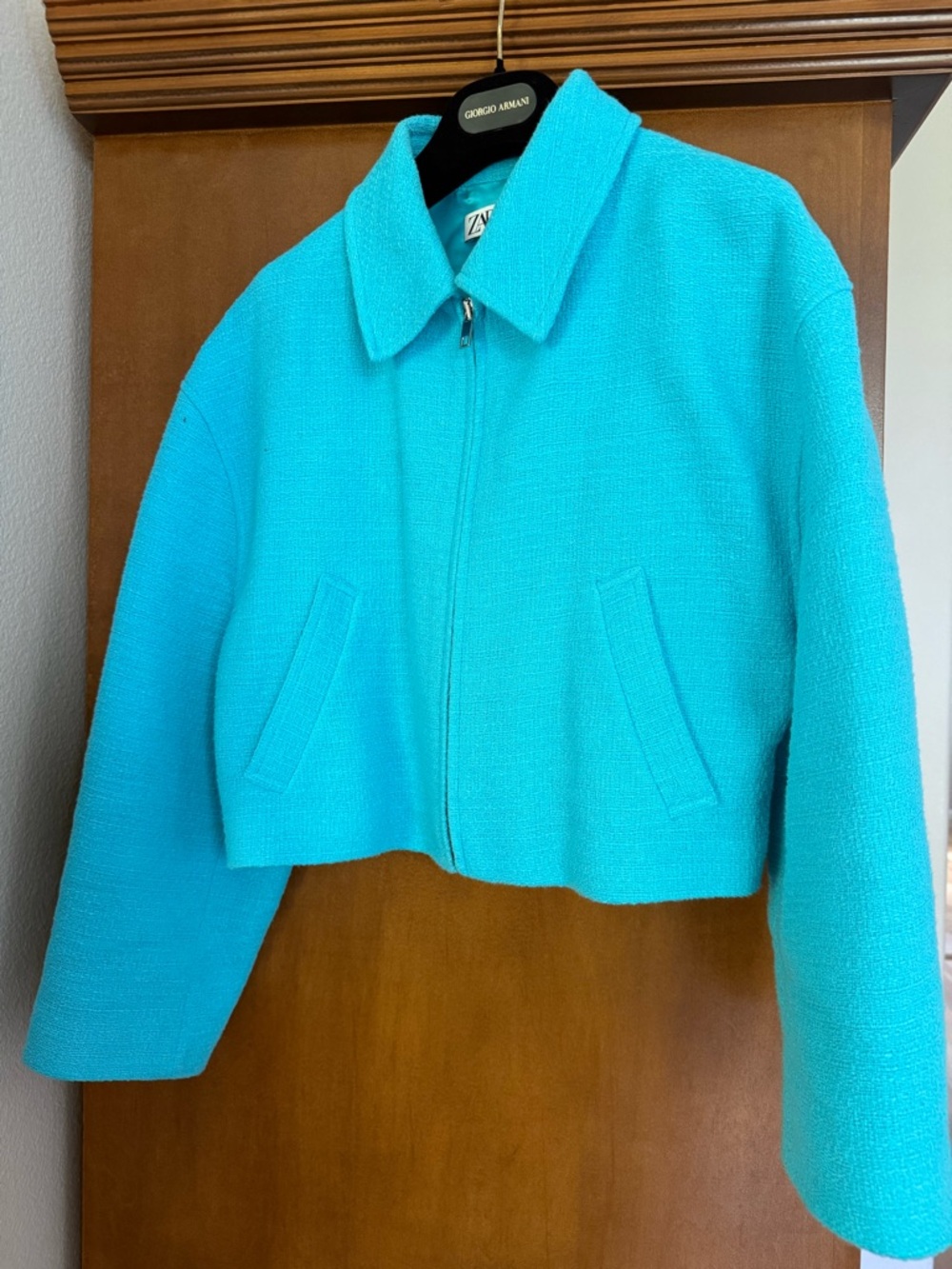 Zara Bright Turquoise Cropped Zip Jacket